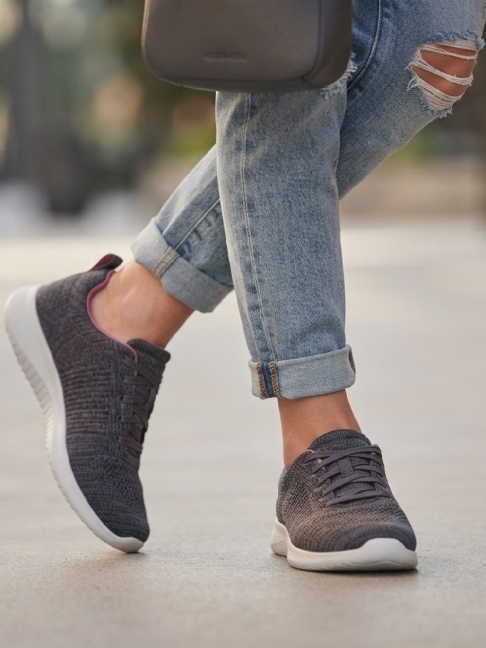 Skechers Women's Knit Walking Sneakers - Charcoal with Pink Trim